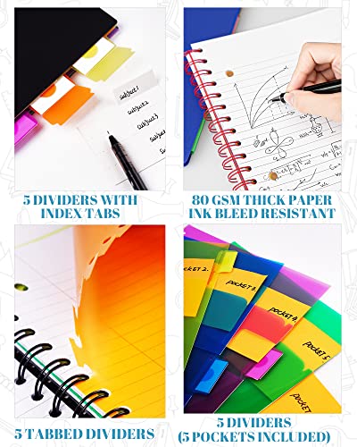 5 Subject Notebook - Spiral Notebook, Blue and Purple College Ruled Notebook With Dividers Pocket, Tabs, 11" Ruler, 200 Pages