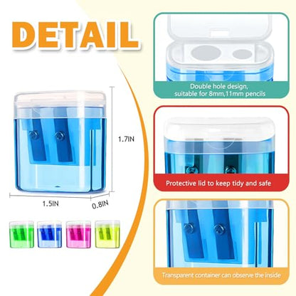 100 Pack Pencil Sharpener Bulk, Manual Pencil Sharpener with Lid for Kids, Double Hole Handheld Pencil Sharpeners for Classroom School Office Supplies, 4 Colors