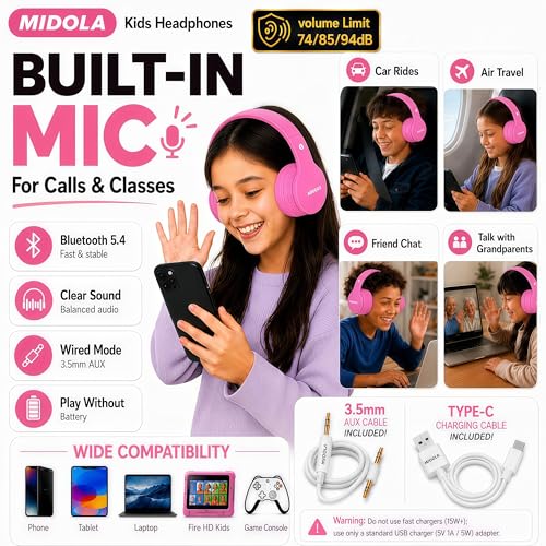 MIDOLA Kids Bluetooth Headphones 68H Play Time,Volume Limit 85/94dB, Foldable Lightweight Wireless Over-Ear Headphone for Kid Toddler Child Pad Tablet,Headsets with Built-in Mic Hot-Pink - color: Rose Pink