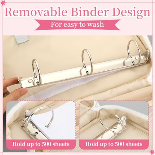 Zipper Binder Folder Keeper with Strap 2 Inch 3 Ring Multi-Pocket Zipper Bag for 13" Laptop 5-tab Expanding File Folder for Women Men Office Middle High School(White,Pink Bow) - color: White, style: Pink Bow
