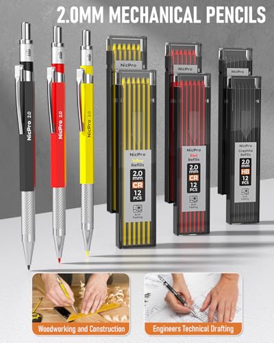 Nicpro 31 Pack Carpenter Pencil Set with Sharpener, Mechanical Carpenter Pencils with 128PCS Refills and Carbide Scribe Tool, Heavy Duty Construction Pencils for Architect Woodworking-With Canvas Case - size: 1 Count (Pack of 31)