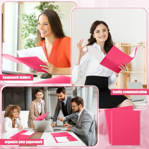 Gueevin 100 Pack Plastic Folder with Pockets, 2 Pocket Folders, Plastic Glossy Folders Fit Letter Size Paper, Heavy Duty Durable File Folder with Business Card for Home Office School (Hot Pink) - color: Hot Pink