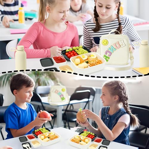 Bento Lunch Box Set for Kids - White Nylon insulated Lunch Bag with 12oz Thermos, Leak-Proof Containers, Adjustable Strap, Birthday Gifts for Girls School Travel Picnic (Ages 3-15) - color: Beige White Set