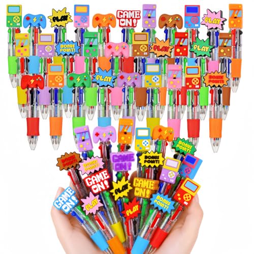 Oneshow 48 Pack Video Game Party Favors Pens Mini 4-in-1 Ballpoint Pens | Game Themed Multicolor Pen with 6 Fun Topper Styles, Gaming Pens Bulk for Classroom Prizes Goodie Bag Stuffers Birthday Gifts - style: Game-48PCS