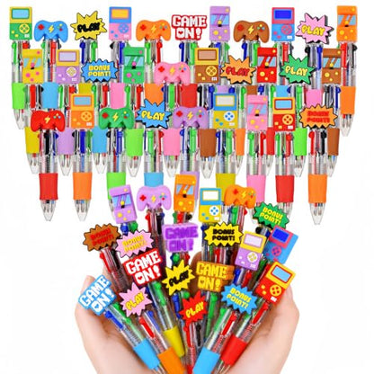 Oneshow 48 Pack Video Game Party Favors Pens Mini 4-in-1 Ballpoint Pens | Game Themed Multicolor Pen with 6 Fun Topper Styles, Gaming Pens Bulk for Classroom Prizes Goodie Bag Stuffers Birthday Gifts - style: Game-48PCS