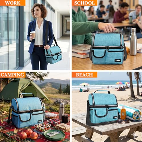 opux Insulated Lunch Bag Women Men, Dual Compartment Leakproof Lunch Box Adults Kids, Double Decker Meal Prep Bento Lunch Cooler Tote with Shoulder Strap for Work Office School Travel, Teal Blue - color: Heather Sea Blue