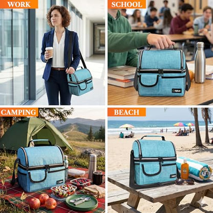 opux Insulated Lunch Bag Women Men, Dual Compartment Leakproof Lunch Box Adults Kids, Double Decker Meal Prep Bento Lunch Cooler Tote with Shoulder Strap for Work Office School Travel, Teal Blue - color: Heather Sea Blue