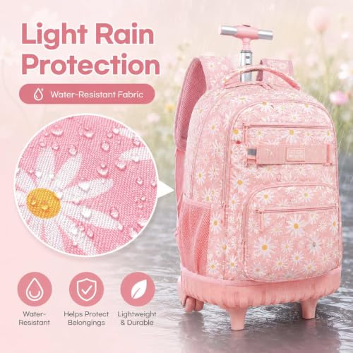AGSDON Rolling Backpack for Girls, Women Roller Wheels Bookbag, Laptop Daisy Wheeled School Bag with Wheels for Teens - color: Daisy Pink 01