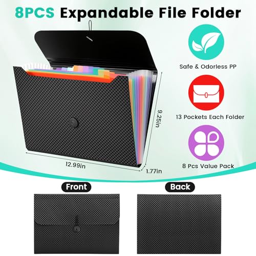 VZZNN 8 Pack Accordion File Organizer Bulk, 13 Pocket Plastic Expanding File Folder with Tabs, Letter/A4 Size Document Organizer Folder for School, Office, Home, and Travel, Carpetas para Documentos