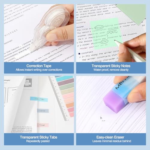 MoKo Pencil Case with Supplies, 60Pcs Aesthetic School Set, Pink | Includes highlighters, gel and ballpoint pens, mechanical pencils, refills, sticky notes, correction tapes and rulers. - color: Pink-60P