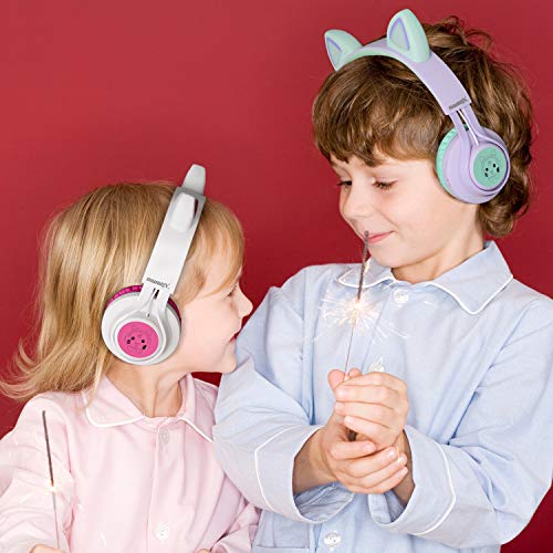 Riwbox CT-7 Cat Ear Bluetooth Headphones, LED Light Up Bluetooth Wireless Over Ear Headphones with Microphone and Volume Control for Travel/School/Smartphones/Laptop/PC/TV (White&Pink) - color: White&Pink