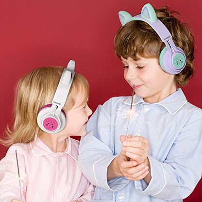 Riwbox CT-7 Cat Ear Bluetooth Headphones, LED Light Up Bluetooth Wireless Over Ear Headphones with Microphone and Volume Control for Travel/School/Smartphones/Laptop/PC/TV (White&Pink) - color: White&Pink