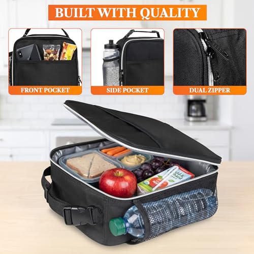 opux Insulated Lunch Bag for Kids Boys Girls, Small Compact Lunch Box with Wide Opening & Mesh Pockets, Reusable Lunch Pail for School, Work, Adults, Men, Women, Teal - color: Black