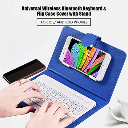Portable Bluetooth Keyboard with Leather Case Cover with for 4.5''-6.8'' iOS, Android and Windows Smart Phones, Detachable with Kickstand - color: Blue