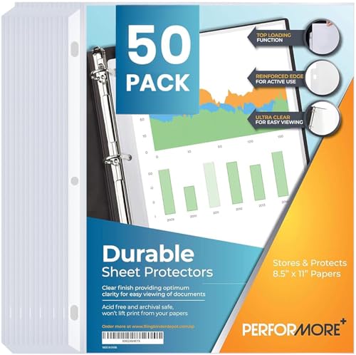 Performore 50-Pack Clear Sheet Protectors | 8.5 x 11 Inch Heavy Duty Plastic Sleeves | Top Loading Reinforced Hole Page Protectors | Archival Acid-Free Non-Glare for 3 Ring Binders Documents Photos - size: 50 Pack
