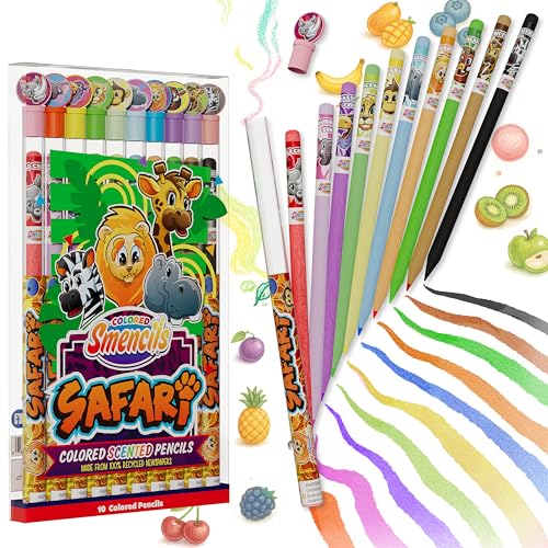 Safari Colored Smencils - Patented Gourmet Scented Colored Fun Pencils - Made from Recycled Newspapers, 10 Count - Gifts for Kids, School Supplies, Classroom Rewards, Student Prizes - color: Safari Colored