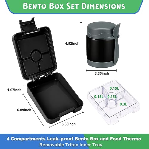 Pawtong Bento Lunch Box Set With 10oz Soup Thermo, Leak-proof Lunch Containers with 4 Compartment, Kids Hot Thermo Food Jar/Insulation Lunch Bag, Food Containers for School (Black) - color: Black