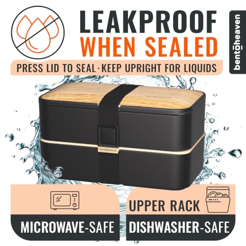 Bentoheaven Bento Box Adult, Stackable Lunch Box, 40 oz, Symph Onyx | BPA-free, leakproof and microwave-safe with 2 compartments, utensils, chopsticks, divider and sauce cup for men and women. - color: Symph-Onyx