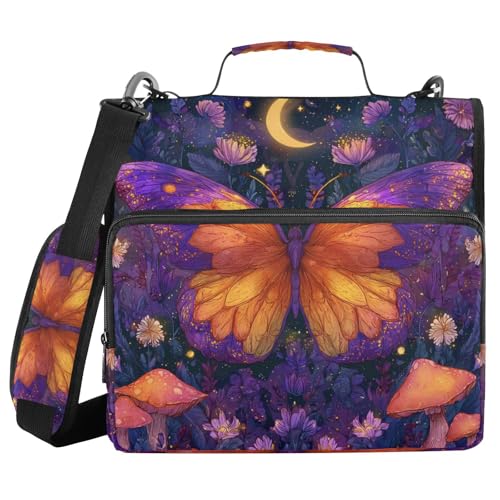 Gredecor 3 Ring Zipper Binder with Shoulder Strap, Moon Butterfly Mushroom (1) Multi-Pockets Organizer Binder Bag Holds 500 Sheets for School and Office - color: Moon Butterfly Mushroom (1)