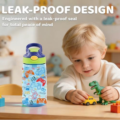 Game 14oz Kids Water Bottle with Straw - Leakproof BPA-Free Plastic Pop-Up Spout, Reusable Leak Proof Travel Bottle for Gaming & Outdoor Sports - color: 1Game