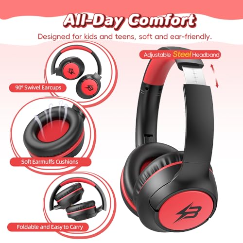 Kids Bluetooth Headphones with 85H Playtime Without LED, Safe Volume 85/94dB Wireless Headphones for Kids, Bluetooth 5.4 Over-Ear Toddler Headset for Boys Tablet/Airplane/ School (Atrous & Red No LED) - color: Atrous & Red