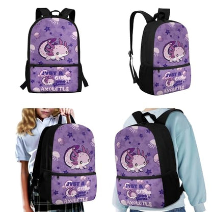 CLOHOMIN Purple Axolotl Backpack and Lunch Box Set Cute Book Bag with Lunch Bag Water Bottle Carrier 3 in 1 High School Bookbag Grade 9-12 Student School Bag for Kids Girls 7st Grade Lunch Tote Bag - color: Cute Purple Axolotl
