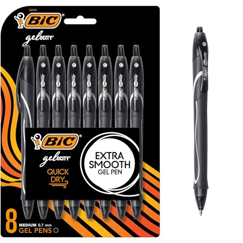 BIC Gelocity Quick Dry Black Gel Pens, Medium Point (0.7mm), 8-Count Pack, Retractable Gel Pens With Comfortable Full Grip - size: 8 Count (Pack of 1)