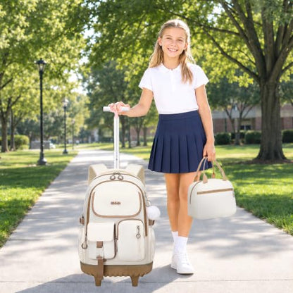 DIGOBAY Rolling Backpack for Girls, Girls Roller Backpack with Lunch Bag and Pencil Case, School Bookbag with Wheels for Elementary Middle High School Travel, Khaki - color: Khaki