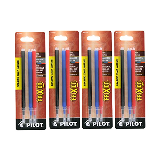 4PACK Pilot FriXion Gel Ink Erasable Pens Refill 3/pk Fine Black/Blue/Red(77335)