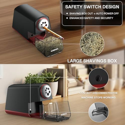 Heavy Duty Electric Pencil Sharpener S280, 6-Hole for Classroom Use | Auto Stop, 3s Sharpening, Dual Cutter, Large Shavings Bin, Safety Switch, Non-Slip Feet, 6-12mm,Office/Home Pencil Sharpener
