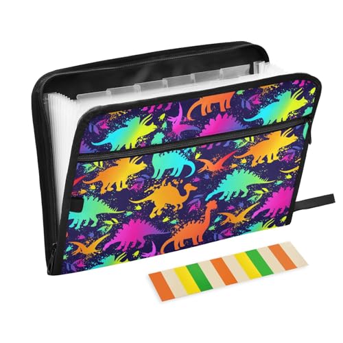 Bright Funny Dinosaurs File Folders,Plastic Folders with 13 Pockets,Expandable File Folder for Documents School Students Office,Aesthetic Folder with Labels A4 Letter Size - color: Multi 2