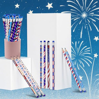 American Flag Themed Wood Pencils with Eraser, 48pcs Patriotic Pencils in 12 Designs, USA Flag Gifts Pencil for 4th of July USA Independence Day Parades Party Favors School Office Supplies