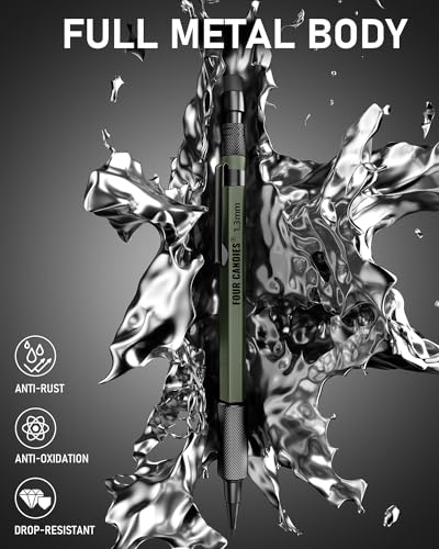 Four Candies 1.3mm Metal Mechanical Pencil Set with 72 Lead Refill, 3PCS | Weatherproof Body, Heavy Duty, 3 Erasers, 16 Eraser Refills, for Outdoor Construction Woodworking Drafting Marking with Case - size: 3-Pack, style: Olive Green