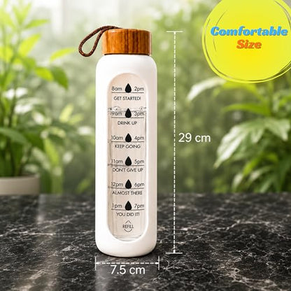1 Litre Borosilicate Glass Water Bottle, Motivational Hydration Tracker Bottle with Bamboo Lid, Protective Silicone Sleeve | Reusable Bottle, Leak-Proof, BPA-Free, Time Marker, White - color: White