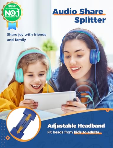 iClever 2Pack Kids Headphones with Sharing Splitter - 85dBA Safe Volume Limited - HS22 Wired Headphones for Kids Teens, Tangle-Free 3.5mm Jack Foldable Stereo for School/Tablet/Travel - color: Green & Blue