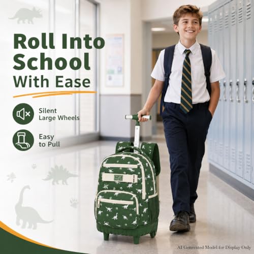 HPJGD 3PCS Dinosaur Roller Backpack for Boys, Kids Rolling Bookbag, Water Resistant Wheeled School Bag Set with Lunch Box - color: Green Dinosaur Rolling Set