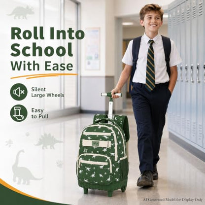 HPJGD 3PCS Dinosaur Roller Backpack for Boys, Kids Rolling Bookbag, Water Resistant Wheeled School Bag Set with Lunch Box - color: Green Dinosaur Rolling Set