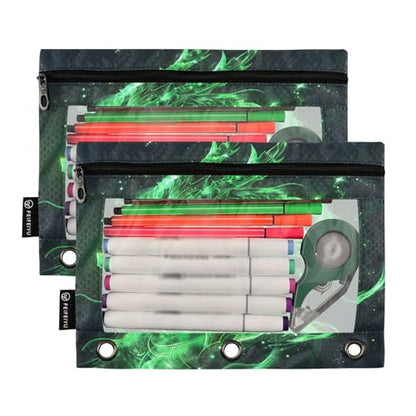 2 Pack Pencil Pouch for 3 Ring Binder Green Glowing Dragon Pencil Case Pouch with Clear Window Zipper Binder Pencil Pouches Pen Bag for Office School Supplies - color: Green Glowing Dragon