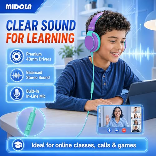 MIDOLA Kids Headphones for School Learning,Volume Limited 85/94dB, Foldable Lightweight Over-Ear Wired Headphones for Kids Toddler Girls Boys 3.5mm for Pad,Headsets with Built-in Mic Purple - color: Purple