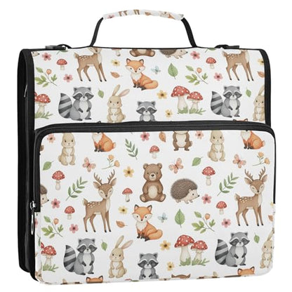 Zipper Binder Bag 3 Ring File Folder Portfolio Organizer Zippered Binder Bags with Strap Fits Laptop Women Men - color: Multi-cute Animals Woodland