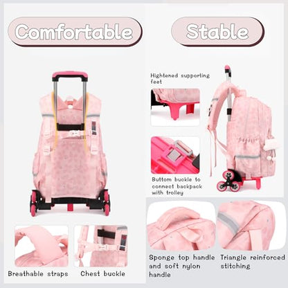 Bansusu 3Pcs Kids Rolling Backpack for Girls with Lunch Bag, Lucky Leaf School Bag Girls Roller Backpack with 6 Wheels, Black - color: 3pcs-6 Wheels-black