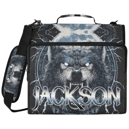 Custom Binder Bag Personalized Moon and Wolf 3 Ring Zipper Binder Bag with Laptop Pockets and Shoulder Strap Tote Binders Organizer Case for School Office - color: Custom Wolf