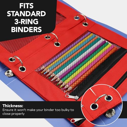 3 Ring Pencil Pouch for Binder, 2-Pocket Zipper Pencil Case with Clear Window & Mesh Pocket, 600D Oxford Fabric Binder Pouch for School Office Supplies, Fits Standard 3-Ring Binders, Red - color: Red