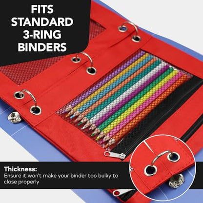 3 Ring Pencil Pouch for Binder, 2-Pocket Zipper Pencil Case with Clear Window & Mesh Pocket, 600D Oxford Fabric Binder Pouch for School Office Supplies, Fits Standard 3-Ring Binders, Red - color: Red