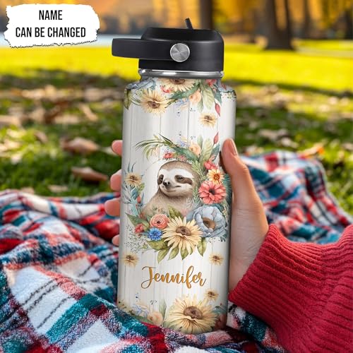 Hyturtle Personalized Sloth Water Bottle - Custom Name Insulated Stainless Steel Bottle with Leak-Proof Lid 18oz 32oz - Animal Lover Gift for Women Girls Sloth Lovers - Birthday & Christmas Gift - color: Sloth