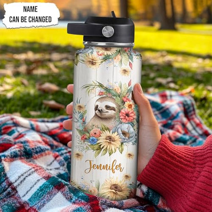 Hyturtle Personalized Sloth Water Bottle - Custom Name Insulated Stainless Steel Bottle with Leak-Proof Lid 18oz 32oz - Animal Lover Gift for Women Girls Sloth Lovers - Birthday & Christmas Gift - color: Sloth