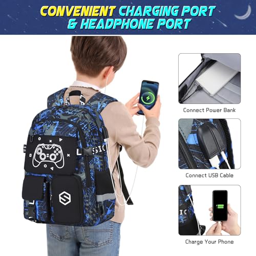 Scothen Boys Backpack, Cool Luminous School Backpacks for Boys with Lunch Bag Pencil Case, Kids Backpack Kindergarten Elementary Middle School Book Bags for Teen Boy Children with USB Charging Port - color: Cool Blue