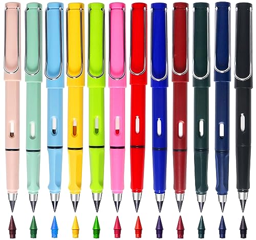12Pack Forever Pencils for Kids Writing, Infinity Pencil Cute Inkless Everlasting Pencil with Eraser for Sketching (Black+Multicolor) - style: Black+Multicolor