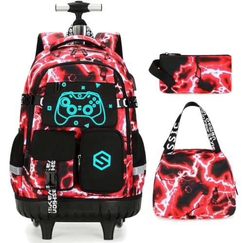 Scothen Rolling Backpack for Boys, Cool Luminous Gamer Roller School Backpacks for Boys with Lunch Bag and Pencil Pouch, Kids Backpack Bookbag with Wheels for Kindergarten Elementary Middle School - color: Red Lightning