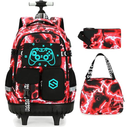 Scothen Rolling Backpack for Boys, Cool Luminous Gamer Roller School Backpacks for Boys with Lunch Bag and Pencil Pouch, Kids Backpack Bookbag with Wheels for Kindergarten Elementary Middle School - color: Red Lightning